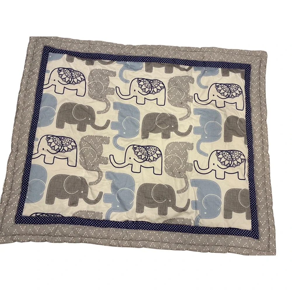 Baby Nursery Elephant Quilt Blue Grey White Padded Crib Blanket 39x31